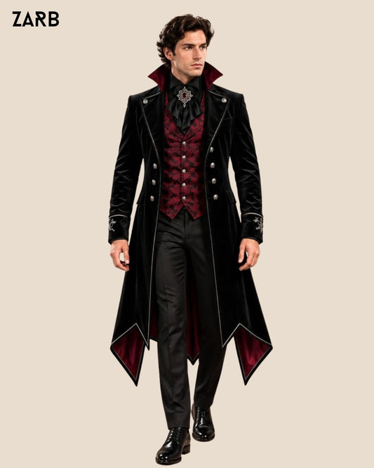 Men’s Black Velvet Gothic Tailcoat with Embroidered Cuffs | Victorian Vampire Suit | Bespoke Tailored ZARB Officials