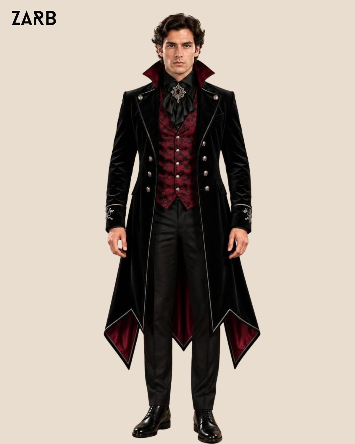 Men’s Black Velvet Gothic Tailcoat with Embroidered Cuffs | Victorian Vampire Suit | Bespoke Tailored ZARB Officials