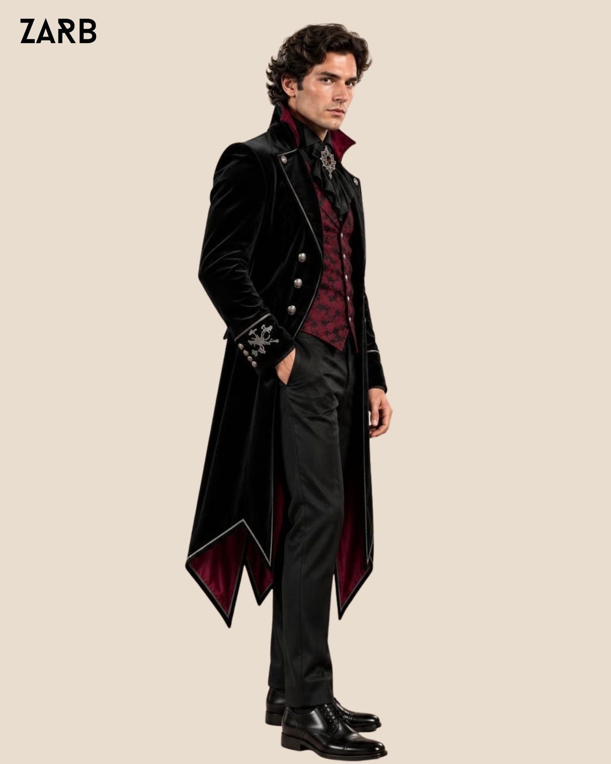 Men’s Black Velvet Gothic Tailcoat with Embroidered Cuffs | Victorian Vampire Suit | Bespoke Tailored ZARB Officials