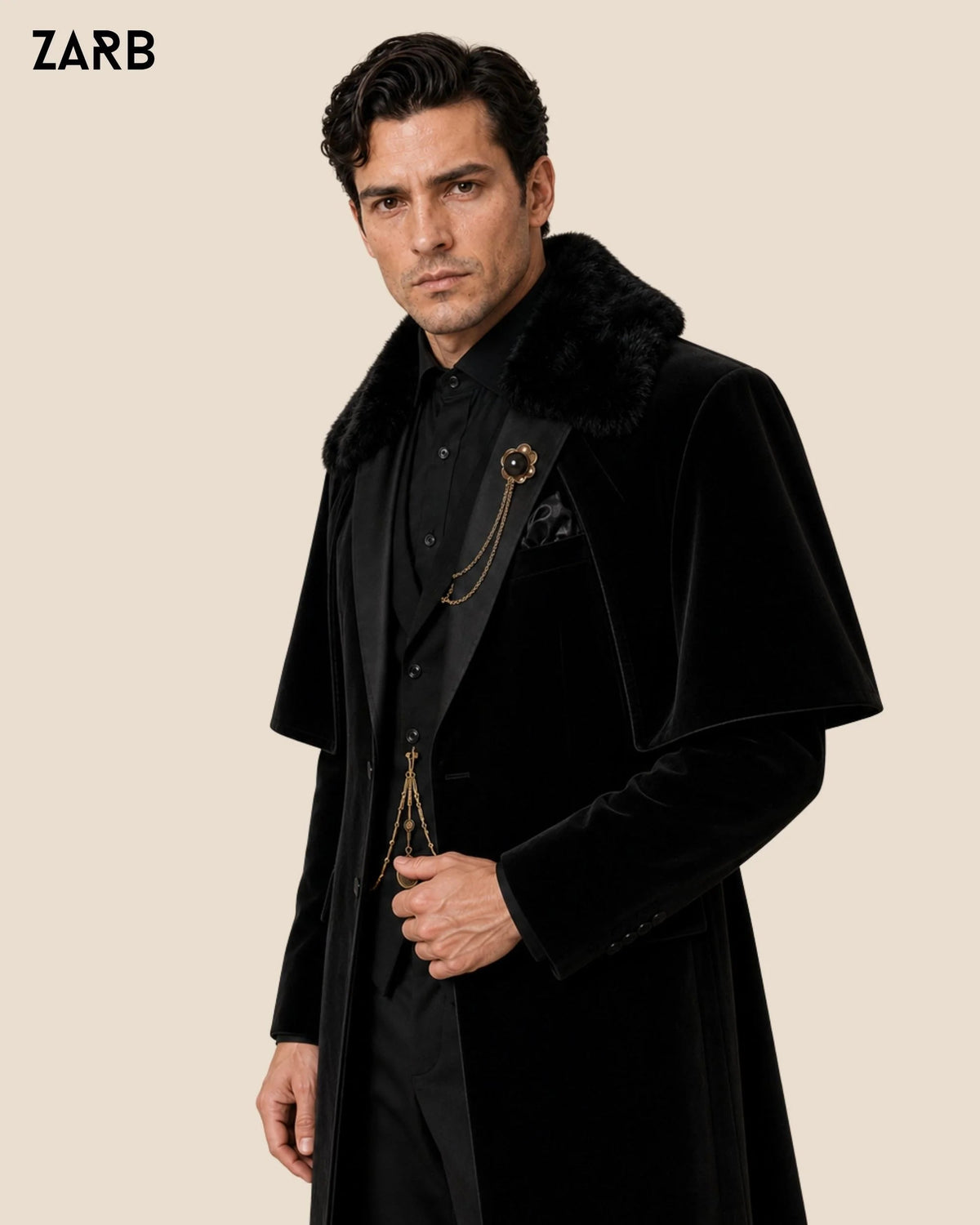 Men’s Black Velvet Regency Tailcoat with Fur Collar Cape | Bridgerton Style | Bespoke Tailored ZARB Officials