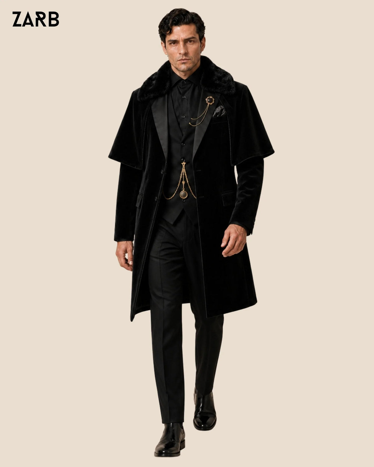 Men’s Black Velvet Regency Tailcoat with Fur Collar Cape | Bridgerton Style | Bespoke Tailored ZARB Officials