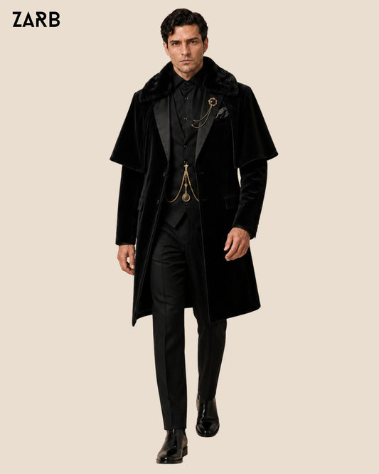 Men’s Black Velvet Regency Tailcoat with Fur Collar Cape | Bridgerton Style | Bespoke Tailored ZARB Officials