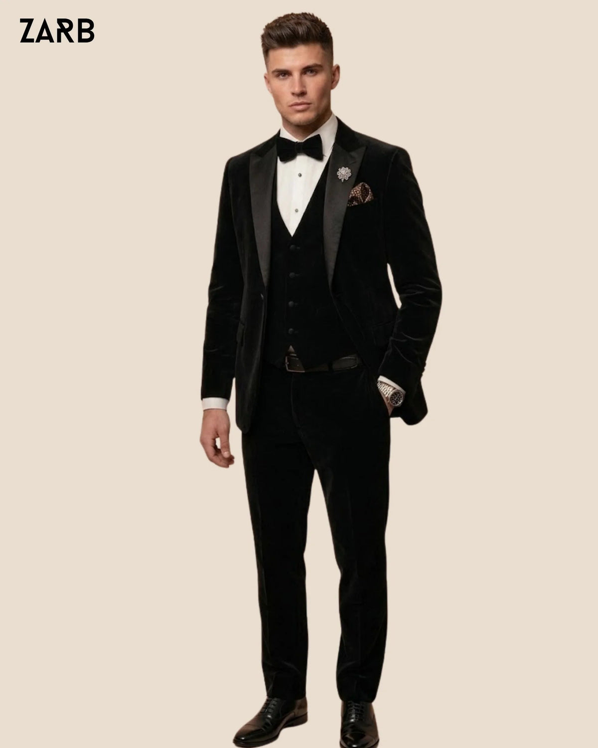 Men’s Black Velvet Tuxedo Suit with Satin Peak Lapel | Bespoke Tailored ZARB Officials