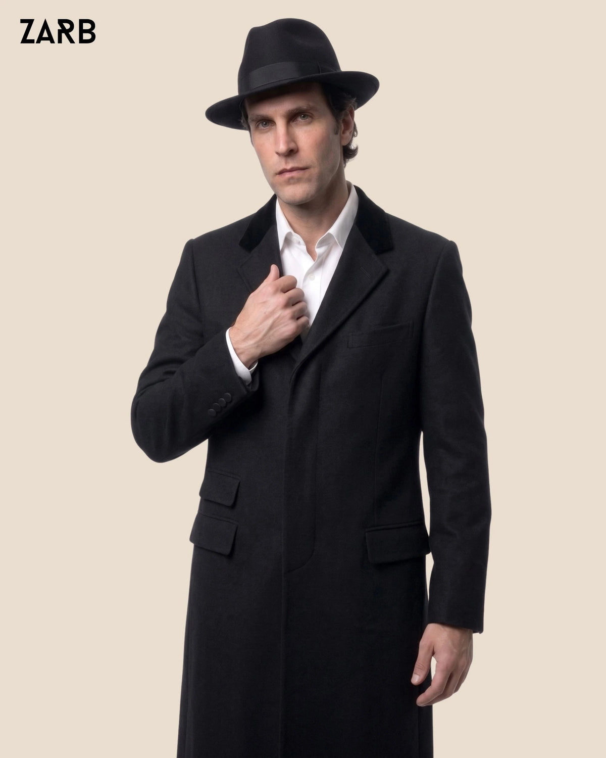 Men’s Black Wool Covert Coat with Velvet Collar | Hidden Button Long Overcoat | Bespoke Tailored ZARB Officials