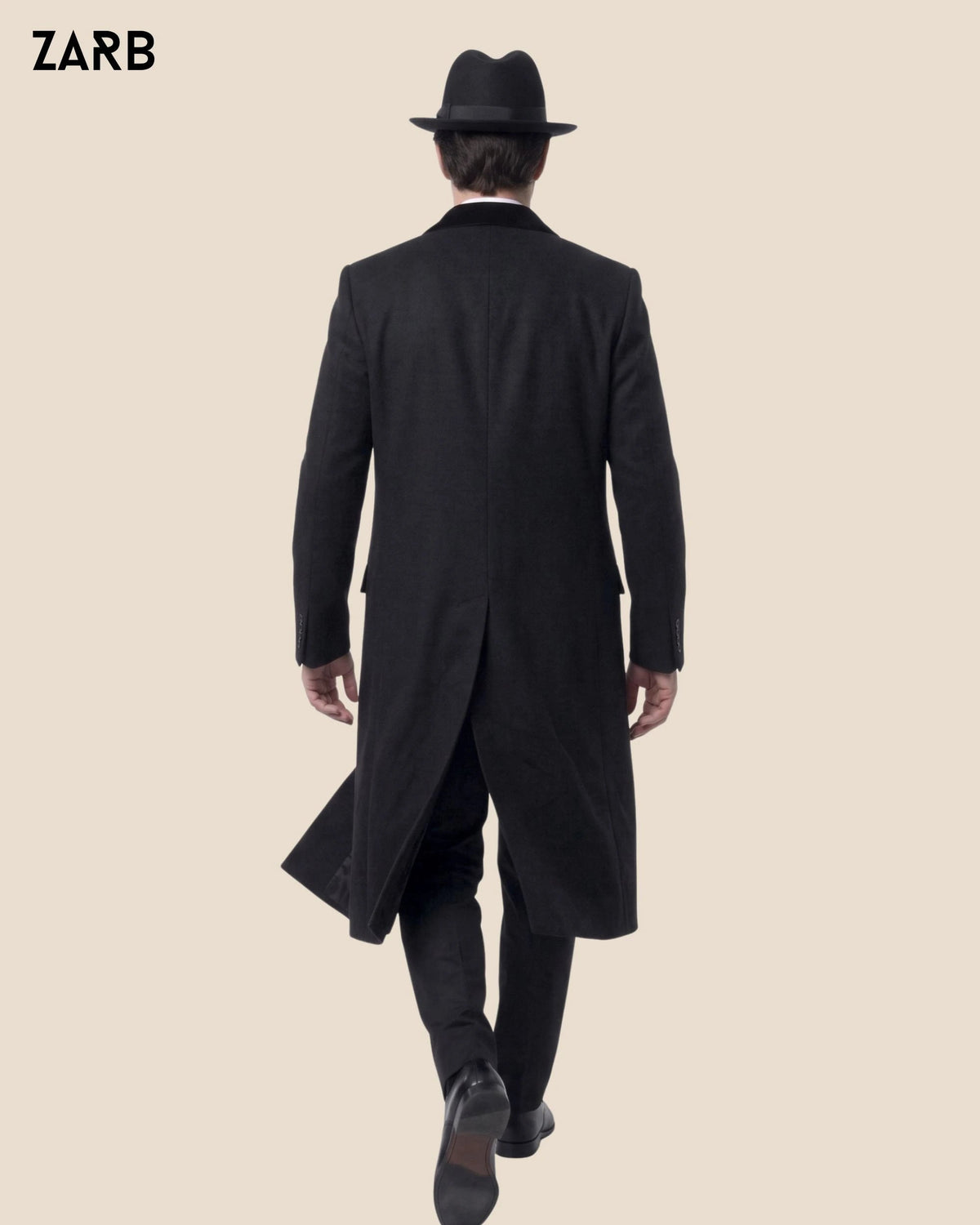 Men’s Black Wool Covert Coat with Velvet Collar | Hidden Button Long Overcoat | Bespoke Tailored ZARB Officials
