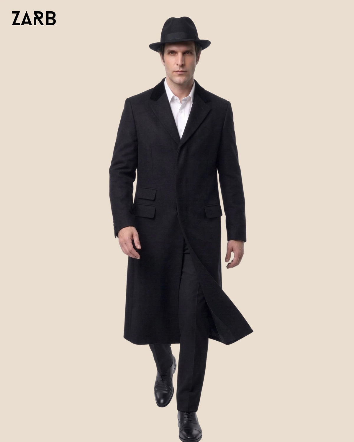 Men’s Black Wool Covert Coat with Velvet Collar | Hidden Button Long Overcoat | Bespoke Tailored ZARB Officials