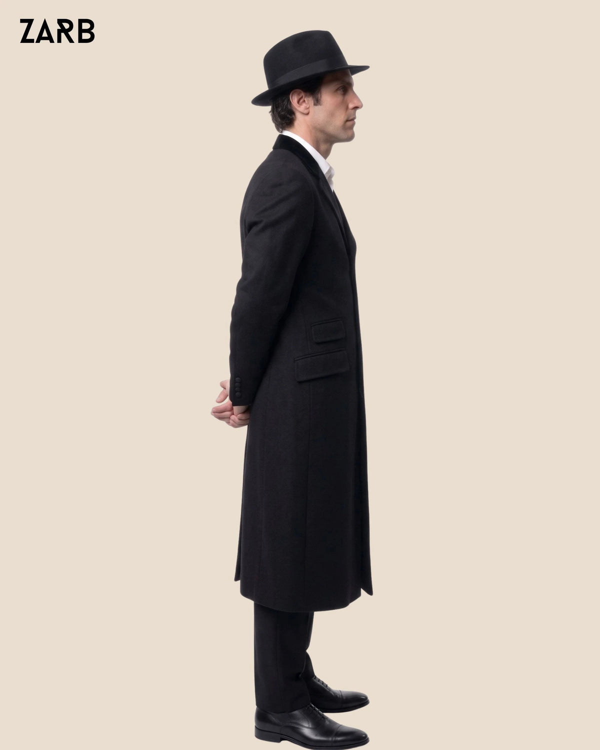 Men’s Black Wool Covert Coat with Velvet Collar | Hidden Button Long Overcoat | Bespoke Tailored ZARB Officials