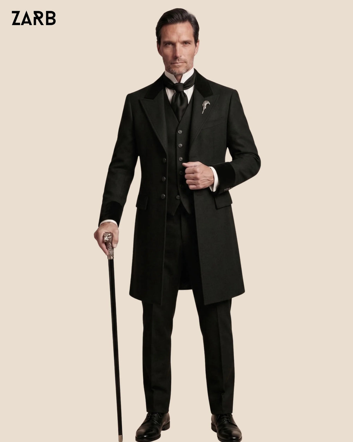 Men’s Black Wool Victorian Frock Coat Suit with Velvet Details | Edwardian Wedding Outfit | Bespoke Tailored ZARB Officials