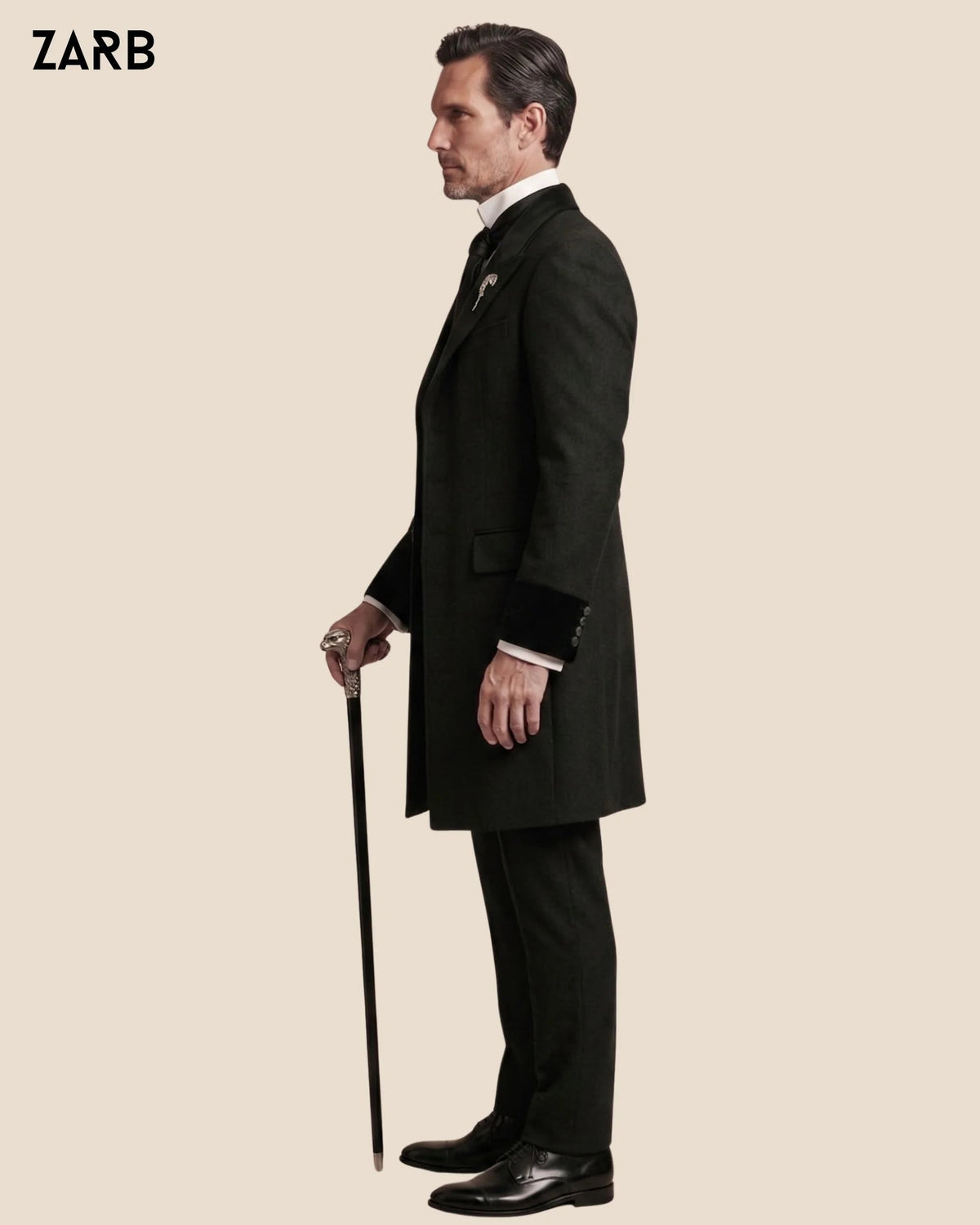 Men’s Black Wool Victorian Frock Coat Suit with Velvet Details | Edwardian Wedding Outfit | Bespoke Tailored ZARB Officials