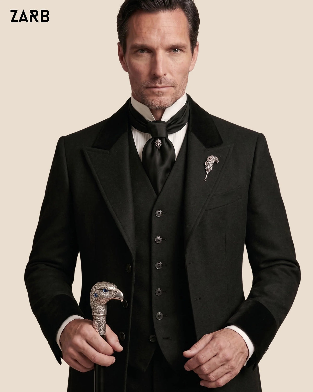 Men’s Black Wool Victorian Frock Coat Suit with Velvet Details | Edwardian Wedding Outfit | Bespoke Tailored ZARB Officials
