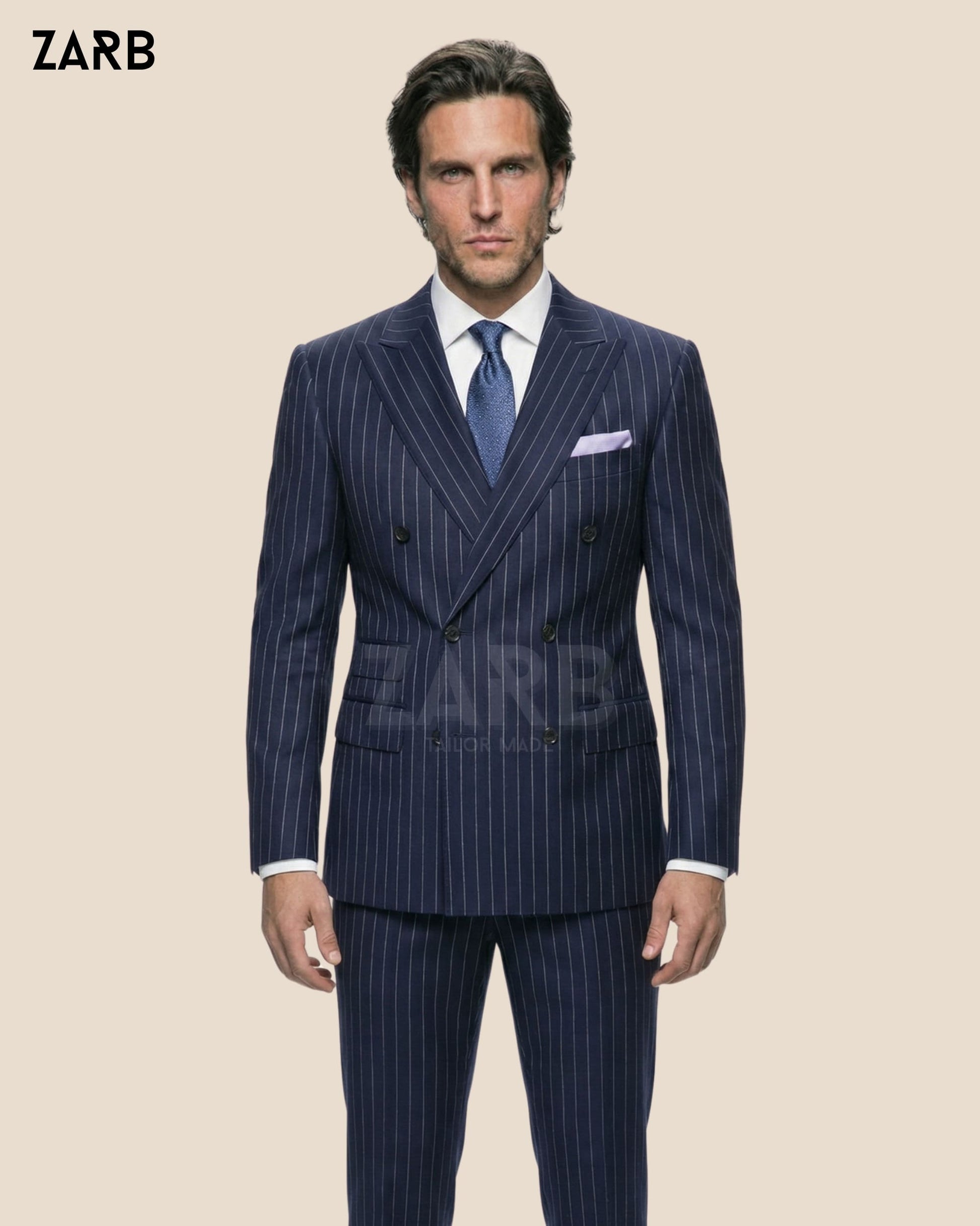 Men’s Blue Pinstripe Double Breasted Suit | Bespoke Tailored ZARB Officials