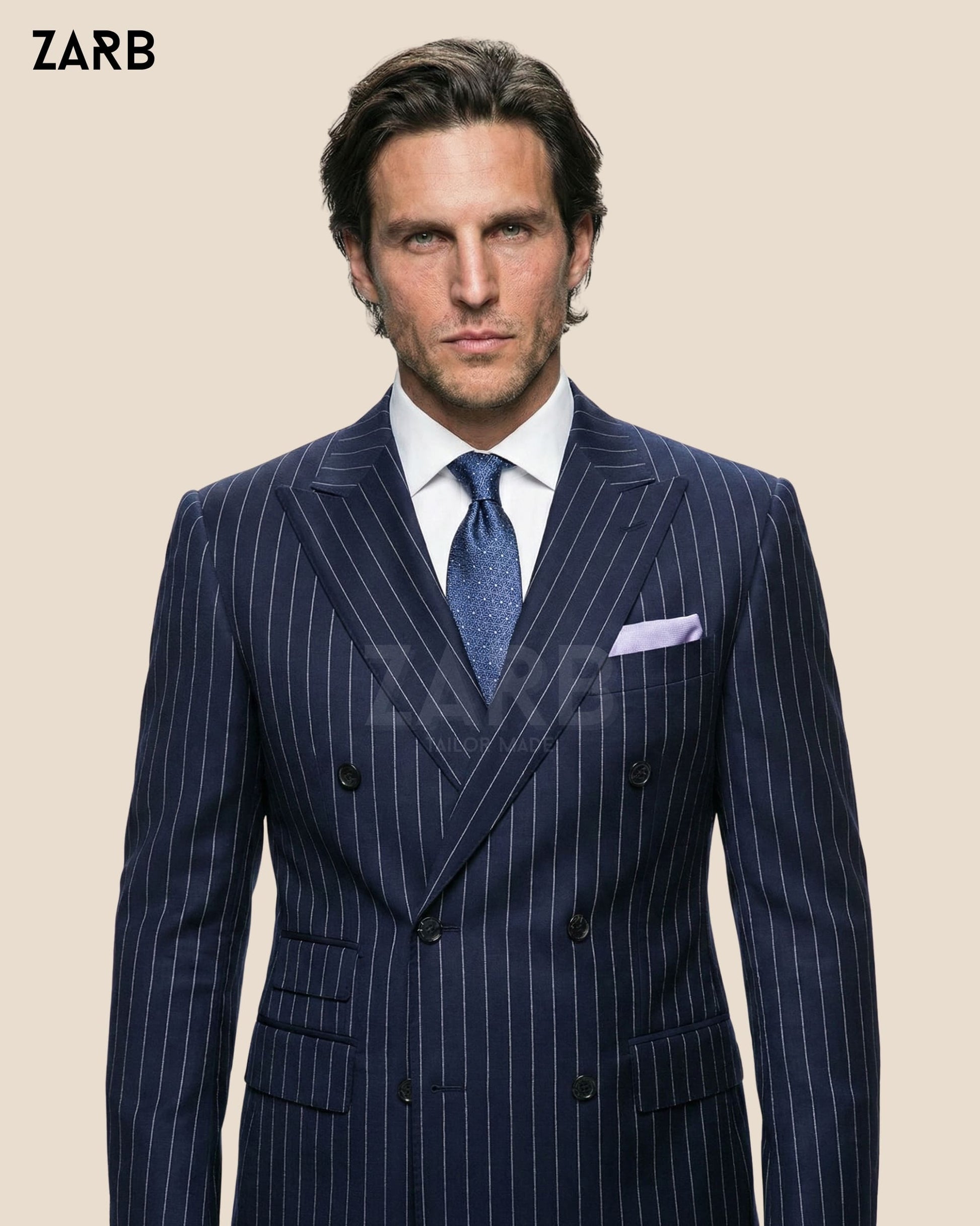 Men’s Blue Pinstripe Double Breasted Suit | Bespoke Tailored ZARB Officials