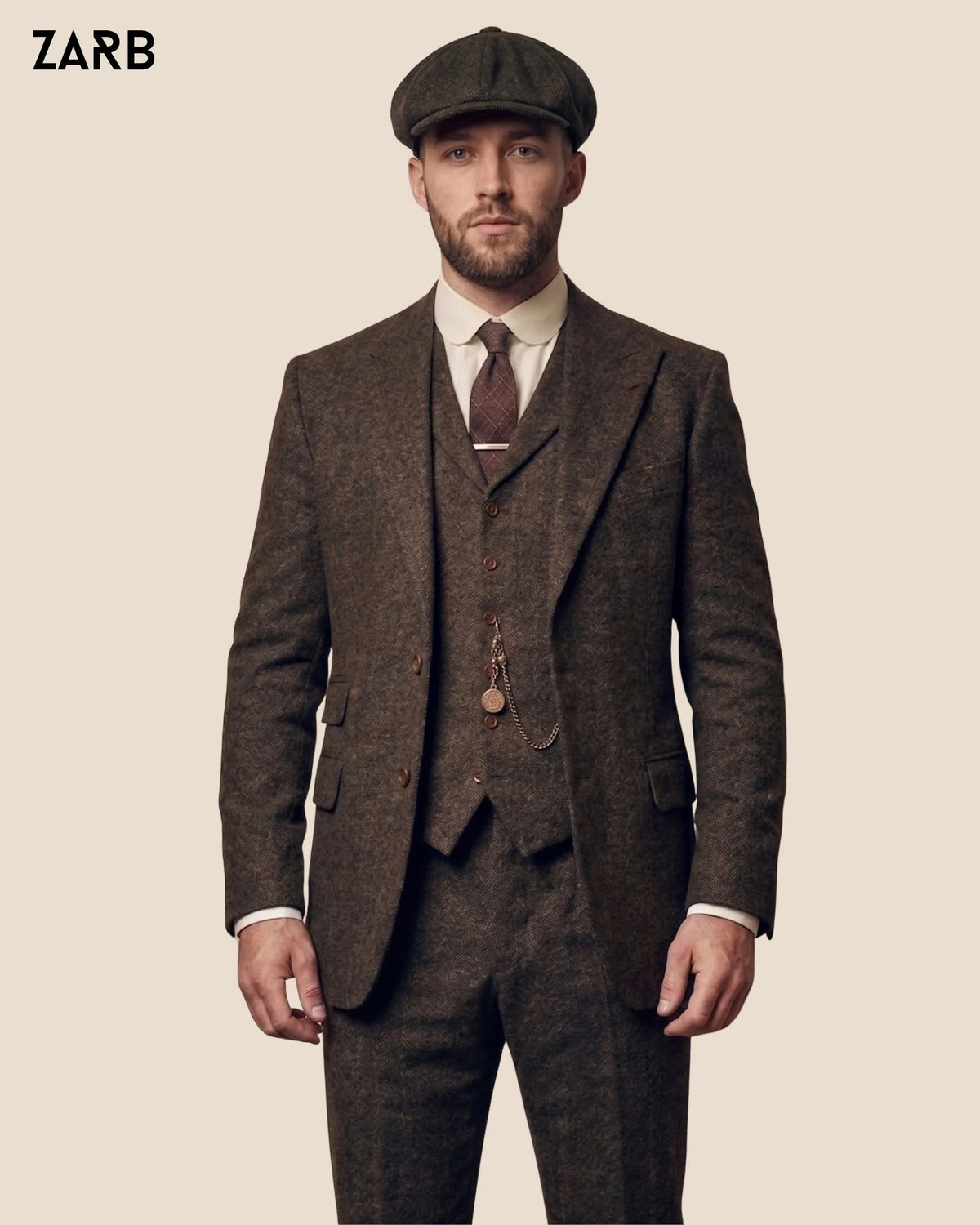 Men’s Brown Herringbone Tweed Suit with Flat Cap | 1920s Wedding Style | Bespoke Tailored ZARB Officials