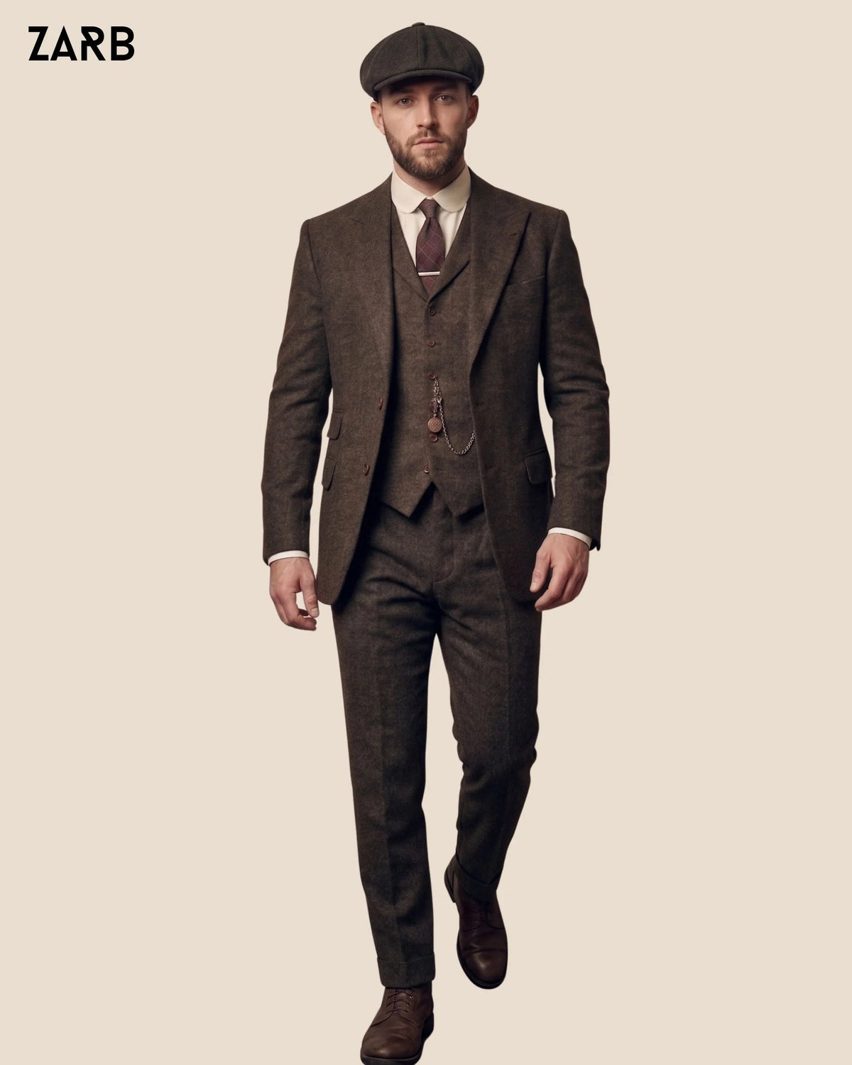 Men’s Brown Herringbone Tweed Suit with Flat Cap | 1920s Wedding Style | Bespoke Tailored ZARB Officials