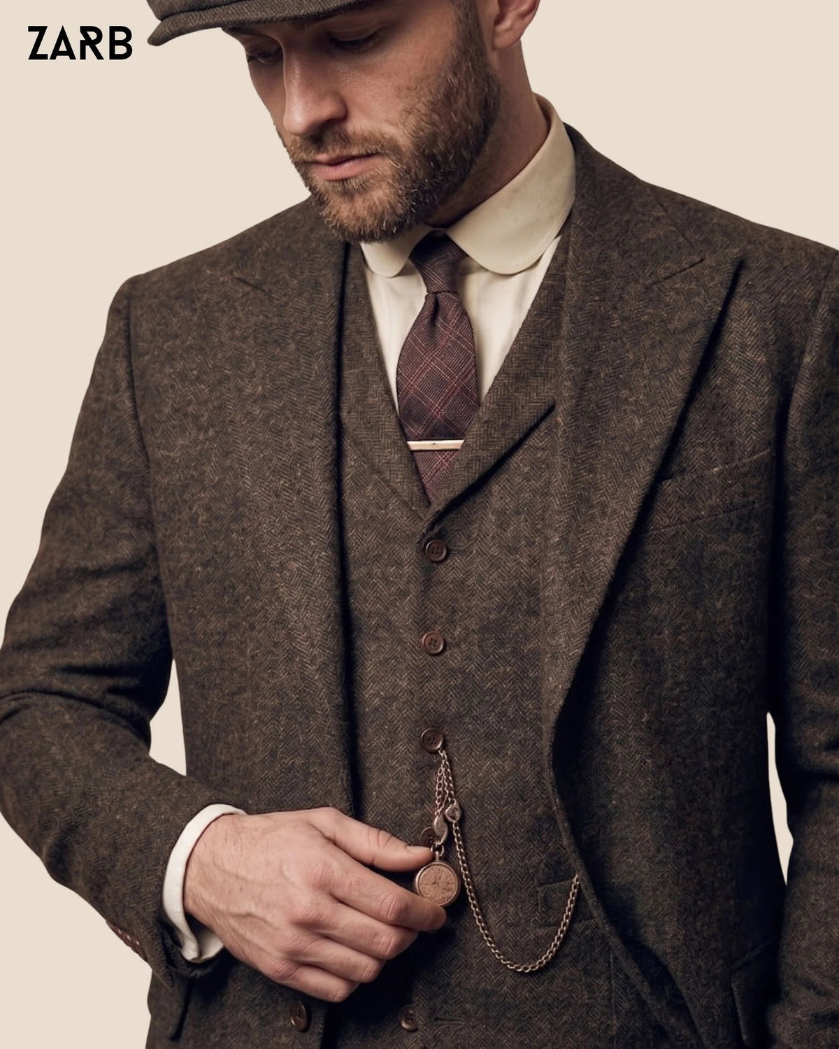 Men’s Brown Herringbone Tweed Suit with Flat Cap | 1920s Wedding Style | Bespoke Tailored ZARB Officials