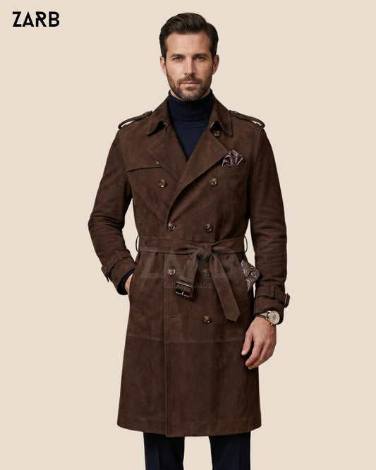 Mens Brown Suede Trench Coat | Double Breasted | Bespoke Fit | Bespoke Tailored ZARB Officials
