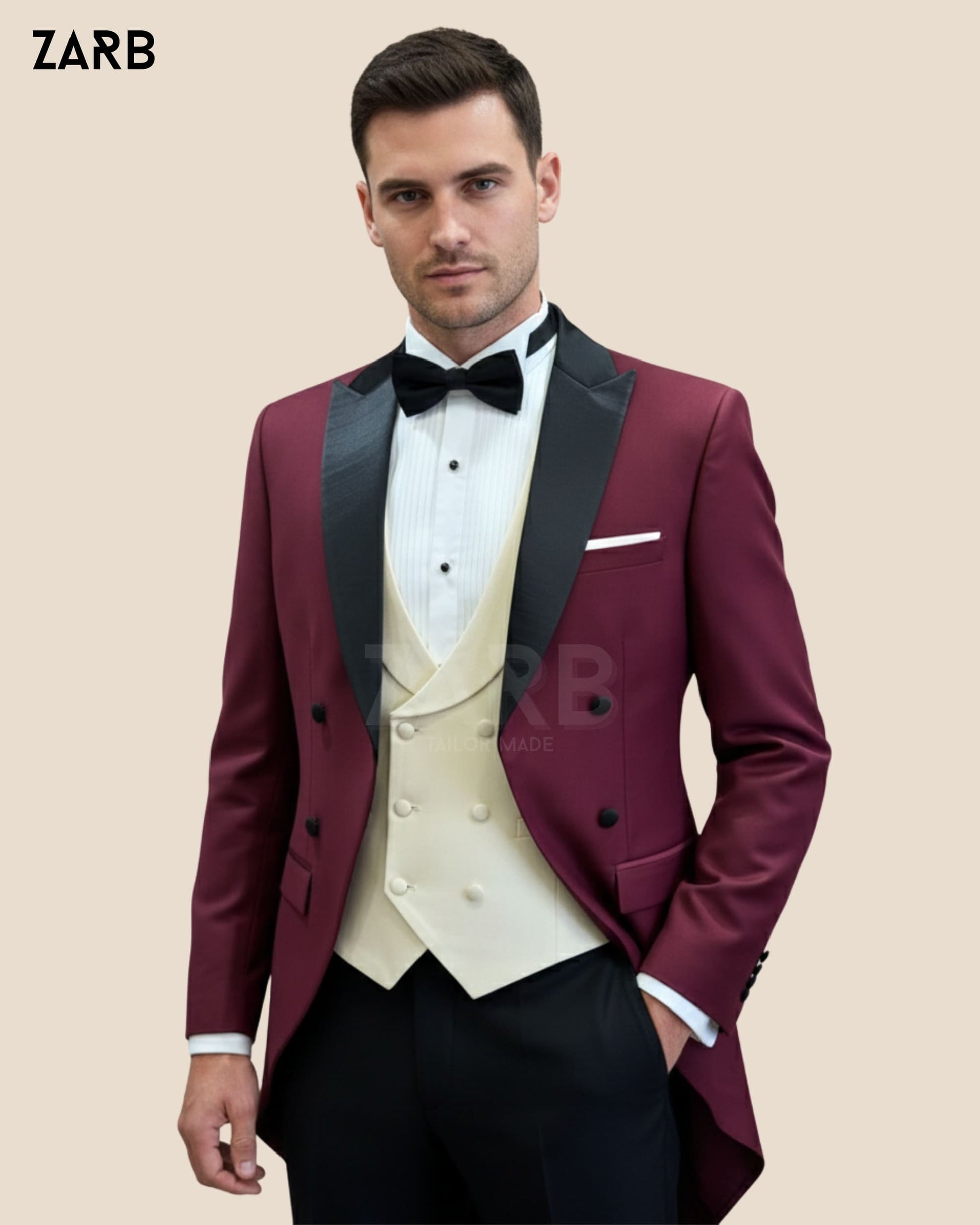 Men's Cutaway Morning Suit | Cutaway Jacket with Black Peak Lapel, Ivory Waistcoat & Black Trouser | Bespoke Tailored ZARB Officials