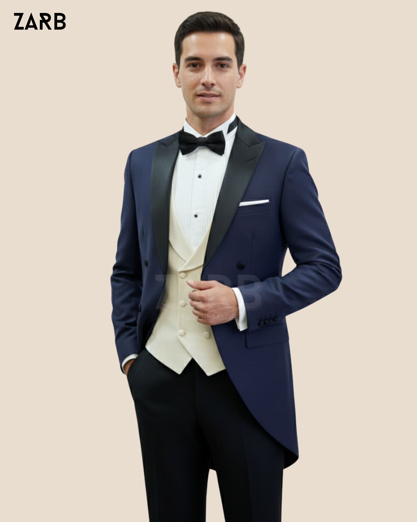 Men's Cutaway Morning Suit | Cutaway Jacket with Black Peak Lapel, Ivory Waistcoat & Black Trouser | Bespoke Tailored ZARB Officials