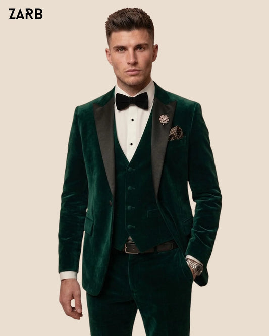 Men’s Emerald Green Velvet Tuxedo Suit with Black Satin Peak Lapel | Bespoke Tailored ZARB Officials