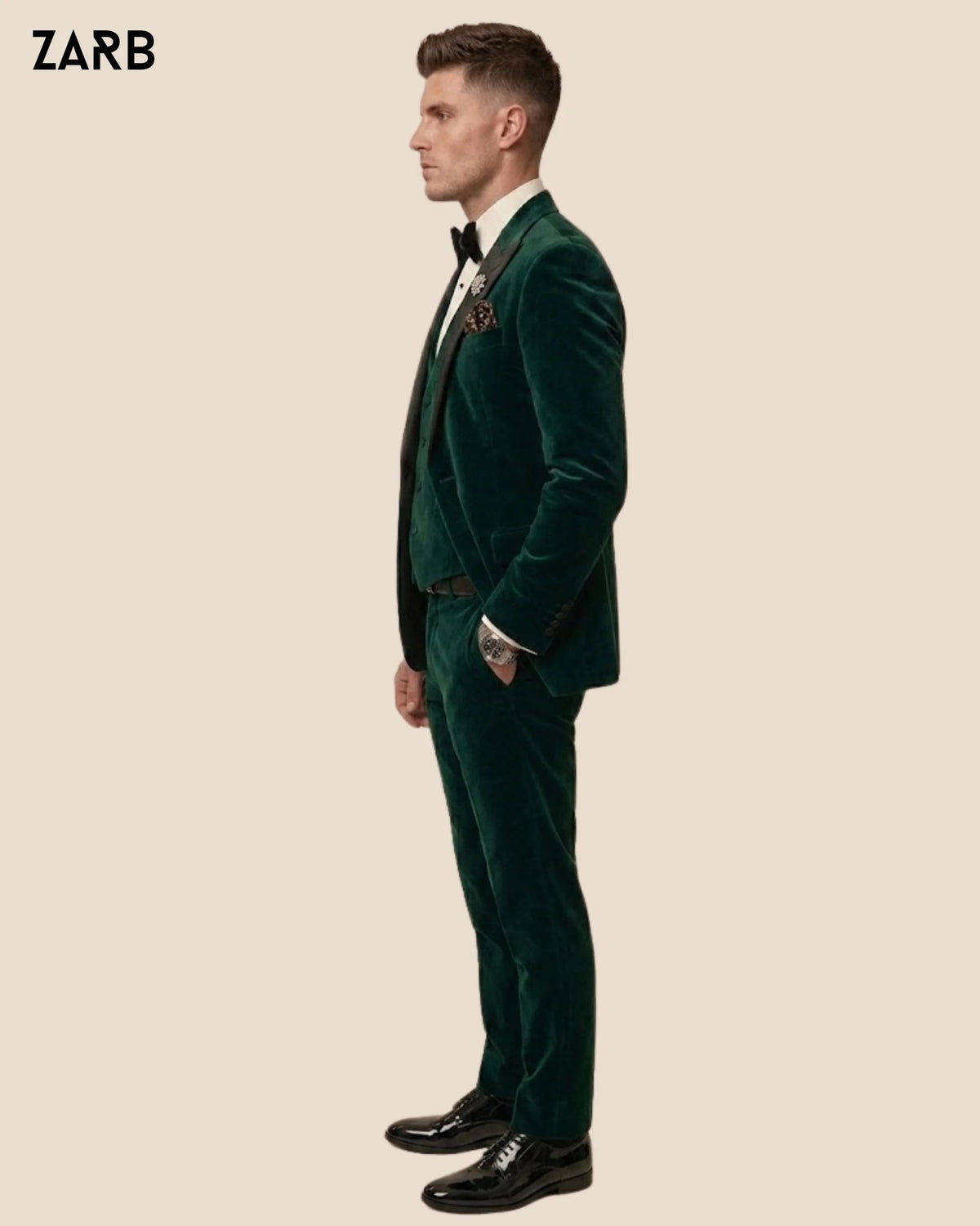 Men’s Emerald Green Velvet Tuxedo Suit with Black Satin Peak Lapel | Bespoke Tailored ZARB Officials