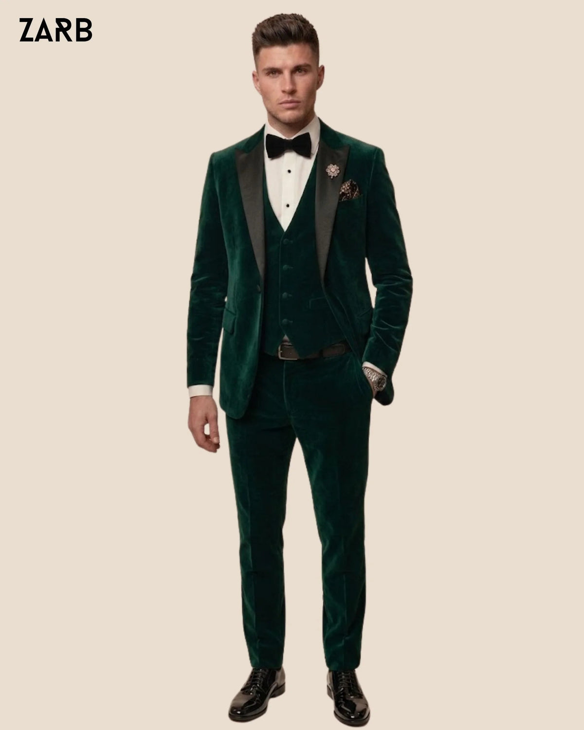 Men’s Emerald Green Velvet Tuxedo Suit with Black Satin Peak Lapel | Bespoke Tailored ZARB Officials