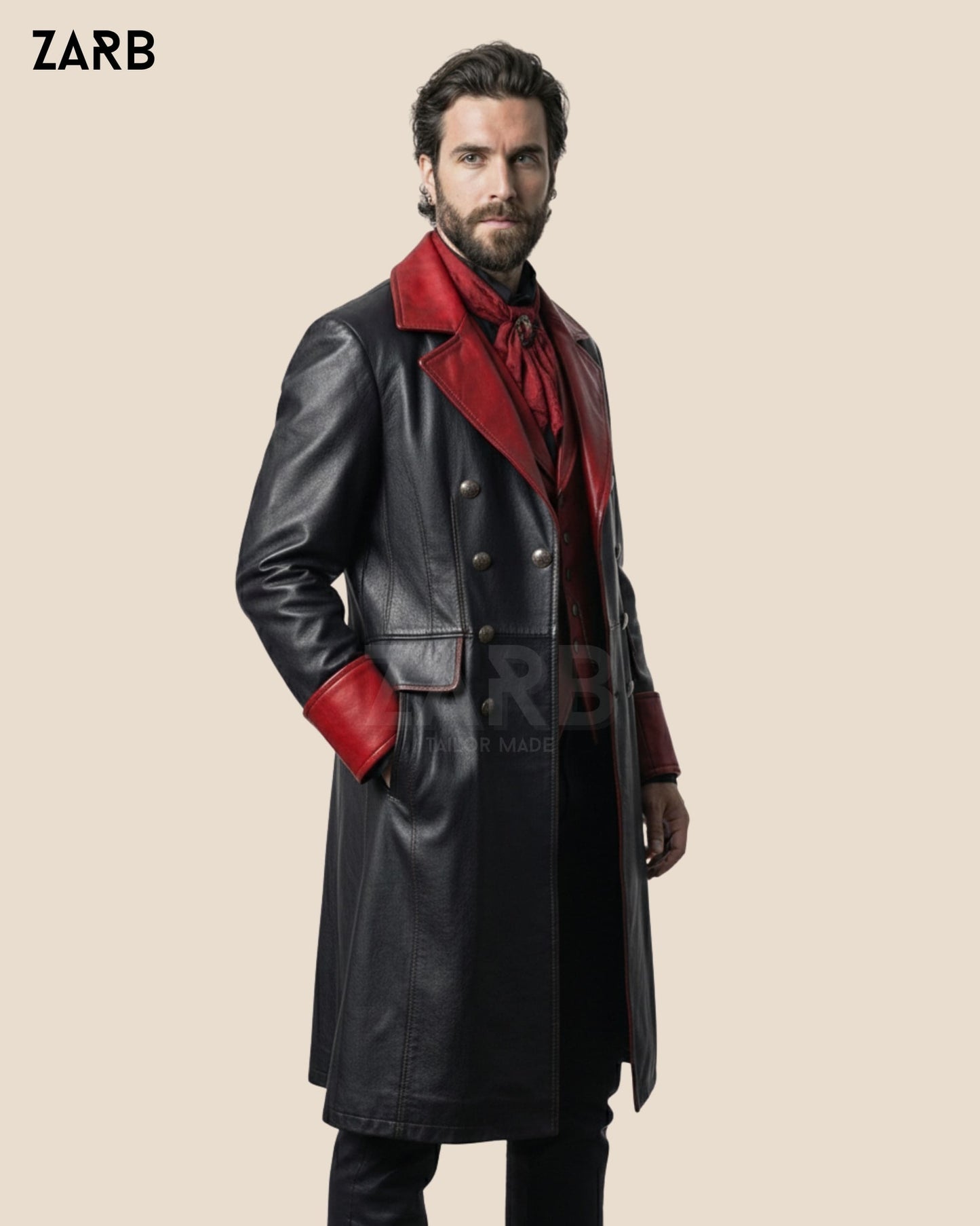 Men’s Gothic Leather Coat Black Red Victorian Vampire Long Trench Outfit Set | Bespoke Tailored ZARB Officials