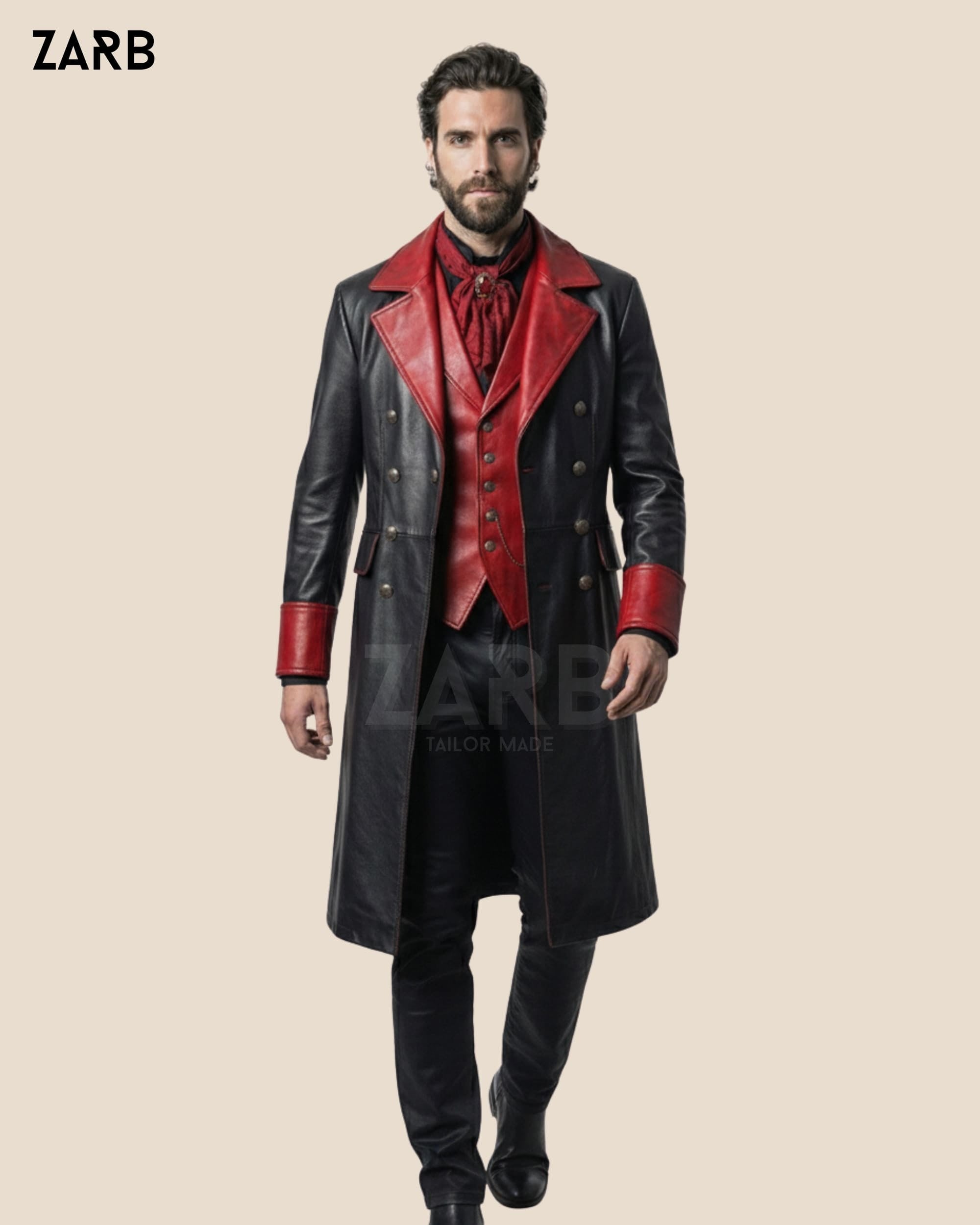 Men's Gothic Leather Coat Black Red Victorian Vampire Long Trench