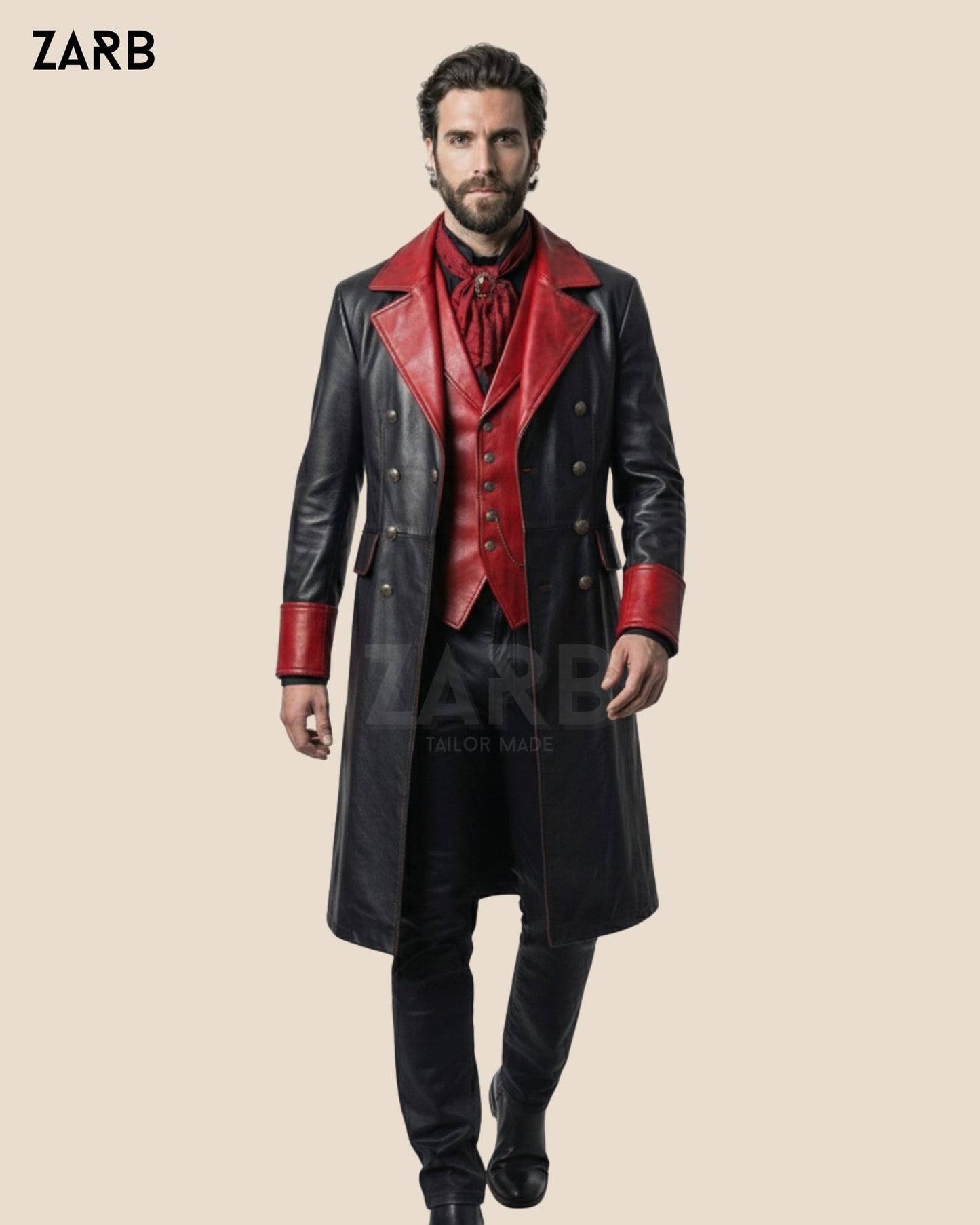 Men’s Gothic Leather Coat Black Red Victorian Vampire Long Trench Outfit Set | Bespoke Tailored ZARB Officials