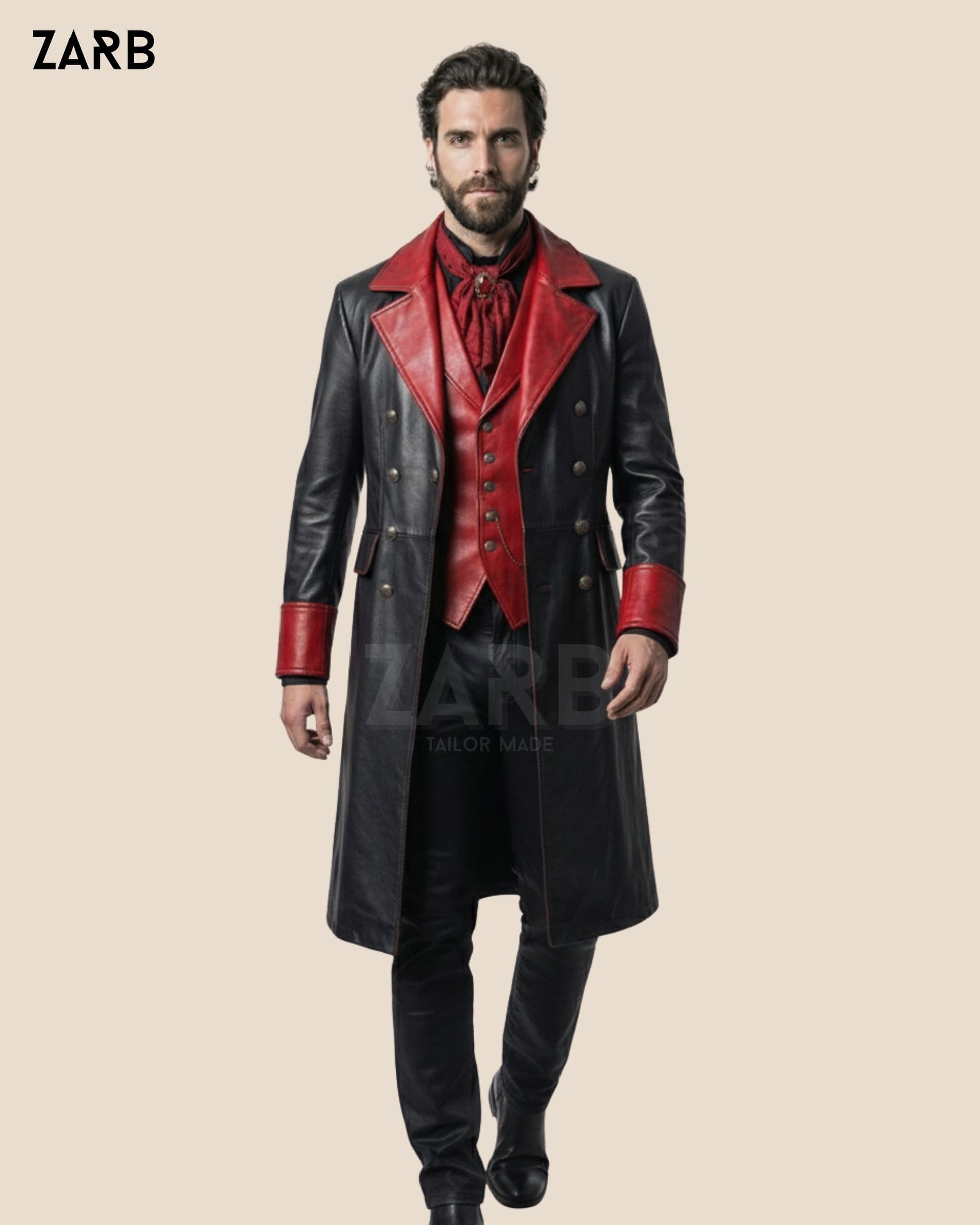 Men’s Gothic Leather Coat Black Red Victorian Vampire Long Trench Outfit Set | Bespoke Tailored ZARB Officials