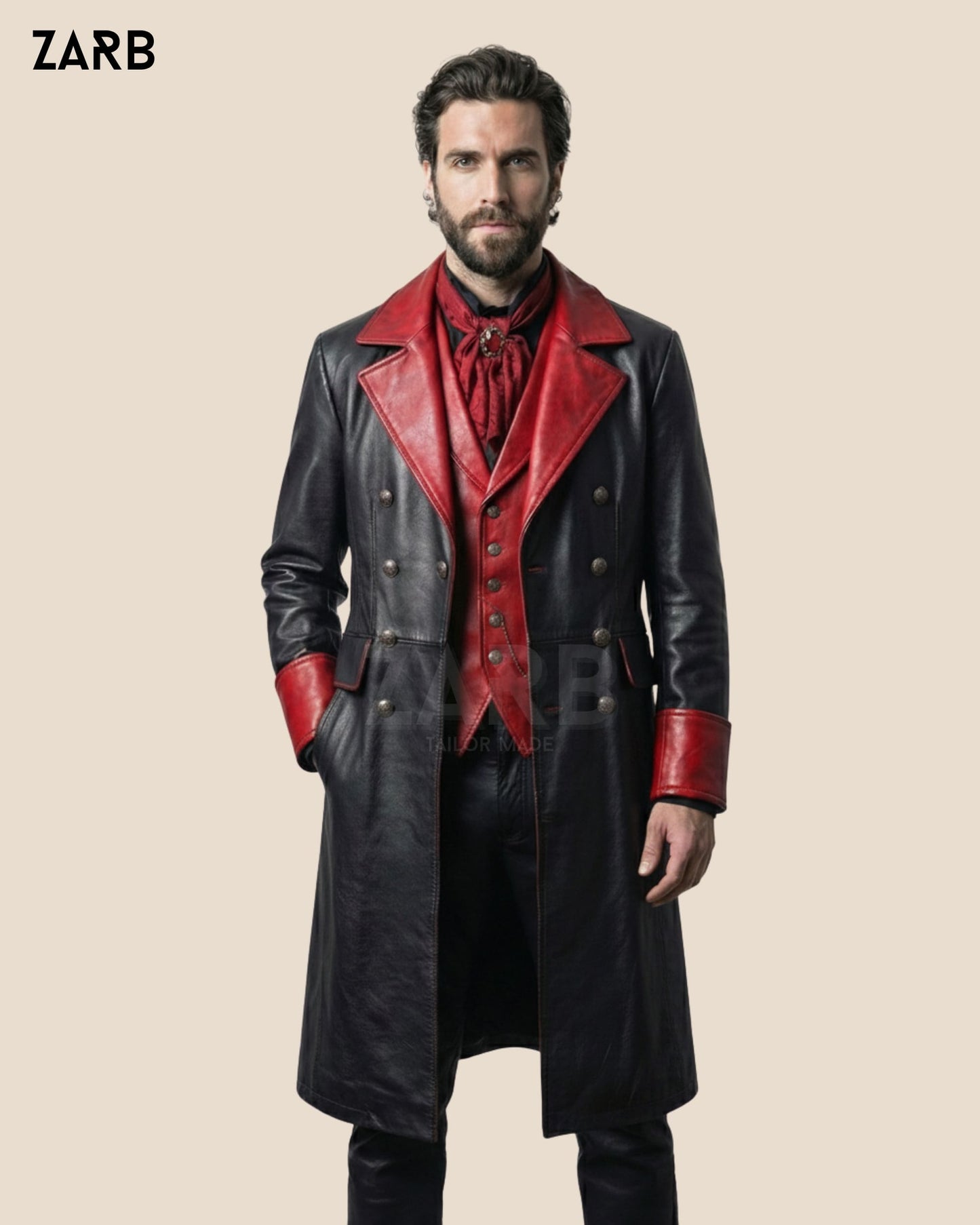 Men’s Gothic Leather Coat Black Red Victorian Vampire Long Trench Outfit Set | Bespoke Tailored ZARB Officials