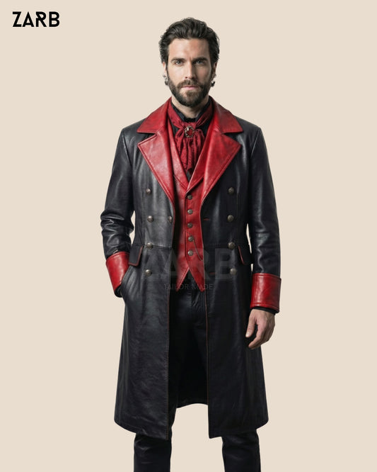 Men’s Gothic Leather Coat Black Red Victorian Vampire Long Trench Outfit Set | Bespoke Tailored ZARB Officials