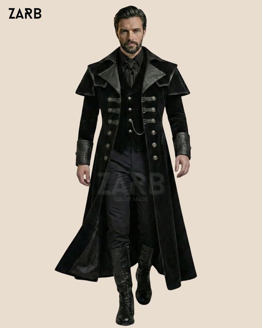Men’s Gothic Velvet Long Coat – Steampunk Victorian Military Tailcoat | Vintage Regency Formal Coat | Bespoke Tailored ZARB Officials