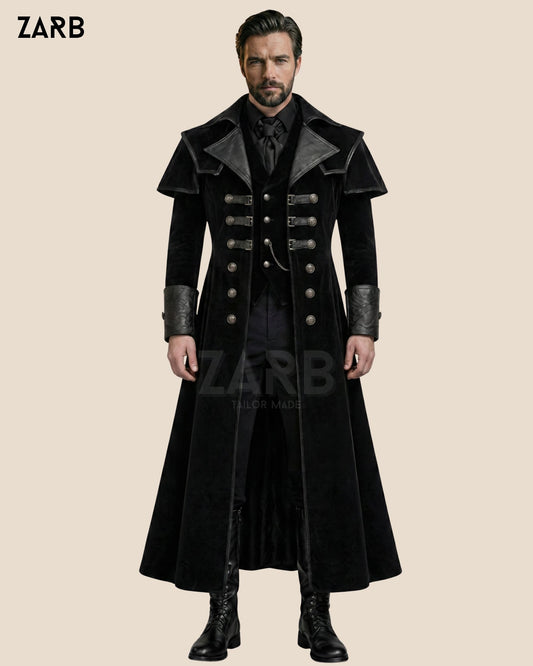Men’s Gothic Velvet Long Coat – Steampunk Victorian Military Tailcoat | Vintage Regency Formal Coat | Bespoke Tailored ZARB Officials