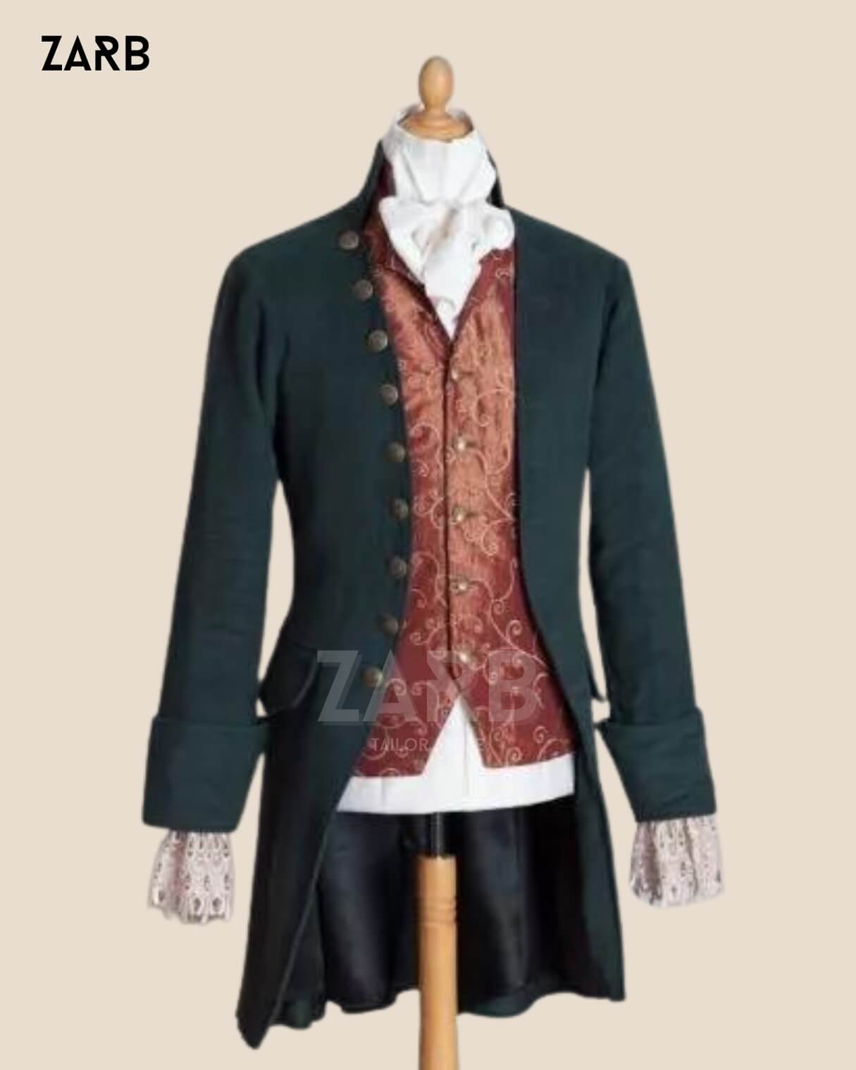 Men's Green Wool 18th Century Tailcoat | Colonial Regency Frock Coat - Custom Historical Reenactment Steampunk Pirate Costume | Bespoke Tailored ZARB Officials