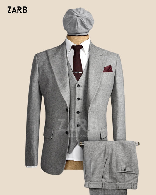 Men’s Grey Tweed 3 Piece Suit with Coat & Cap – 1920s Vintage Wedding Suit, Peaky Blinders Style, Custom Fit | Bespoke Tailored ZARB Officials