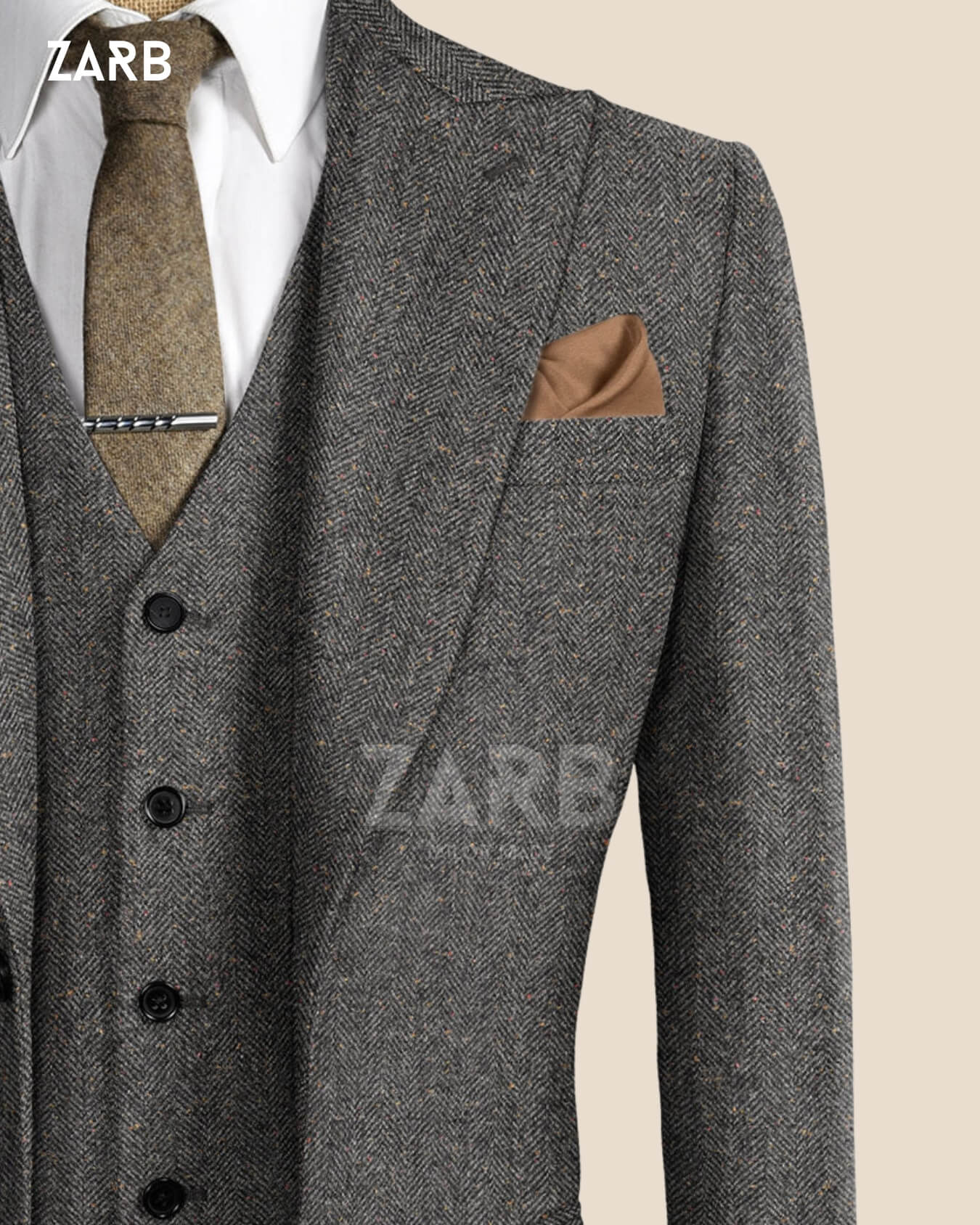 Men’s Grey Tweed 3 Piece Suit with Long Coat & Cap – 1920s Vintage Herringbone Wedding Suit, Tailored Fit | Bespoke Tailored ZARB Officials