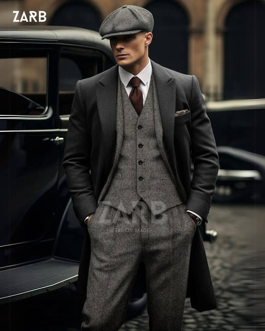 Men’s Grey Tweed 3 Piece Suit with Long Coat & Cap – 1920s Vintage Herringbone Wedding Suit, Tailored Fit | Bespoke Tailored ZARB Officials