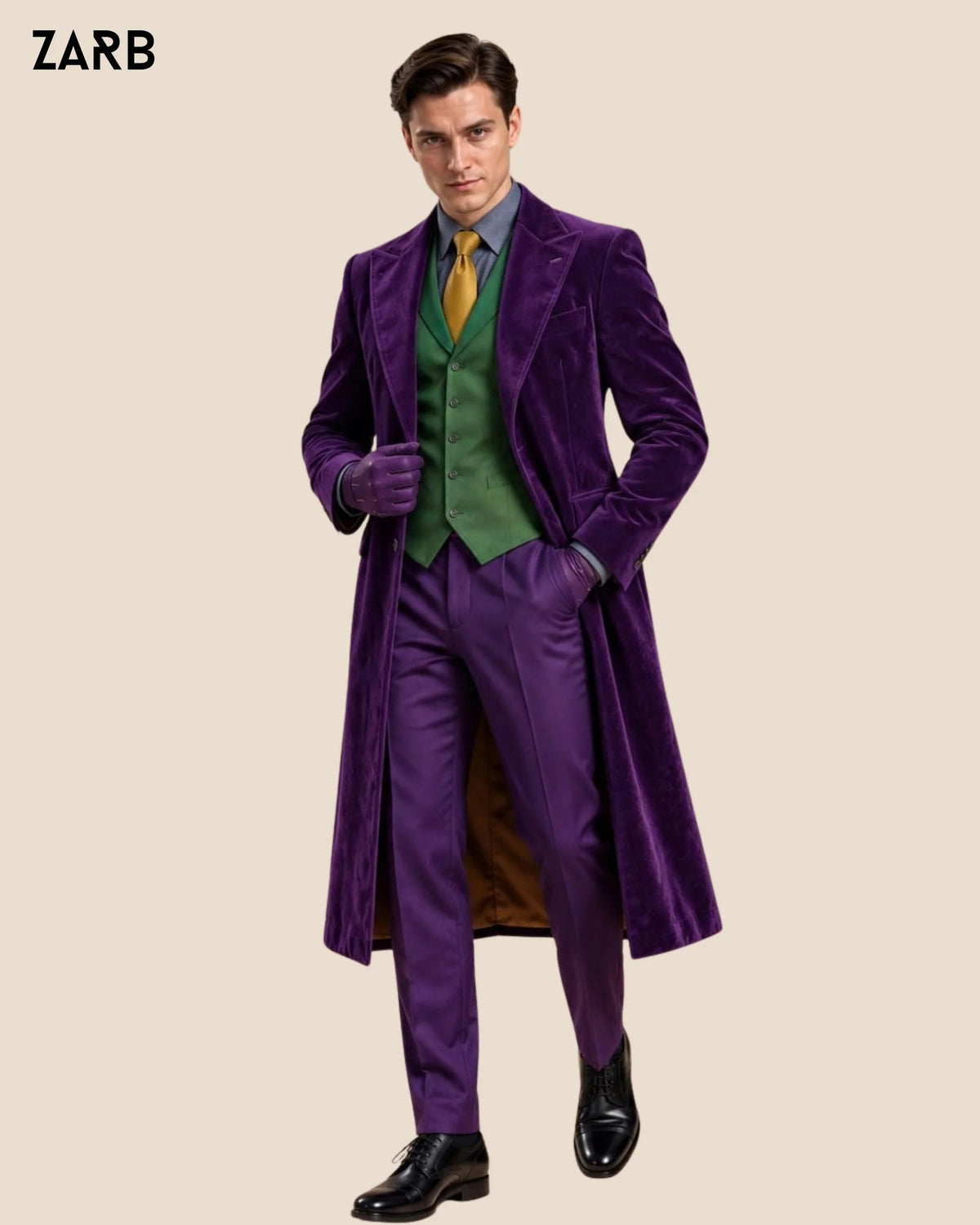 Men’s Joker Inspired Purple Velvet Long Coat with Green Vest & Trousers | Halloween Costume | Bespoke Tailored ZARB Officials