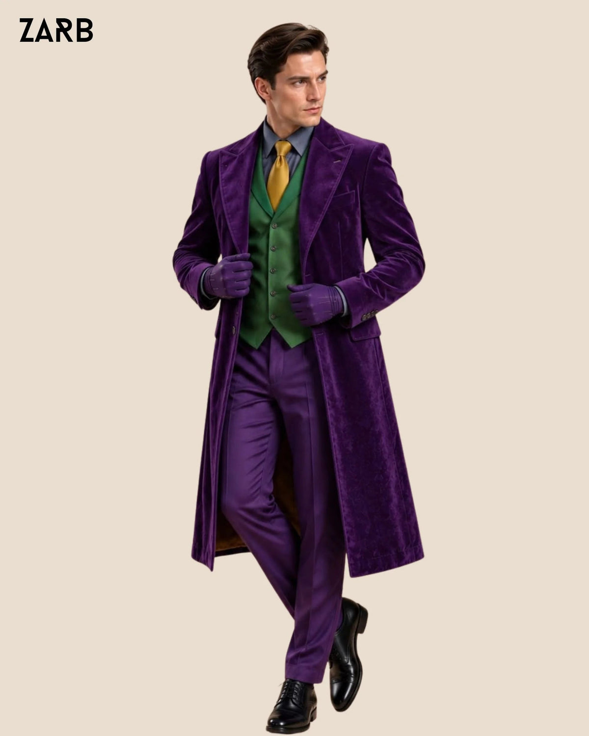 Men’s Joker Inspired Purple Velvet Long Coat with Green Vest & Trousers | Halloween Costume | Bespoke Tailored ZARB Officials