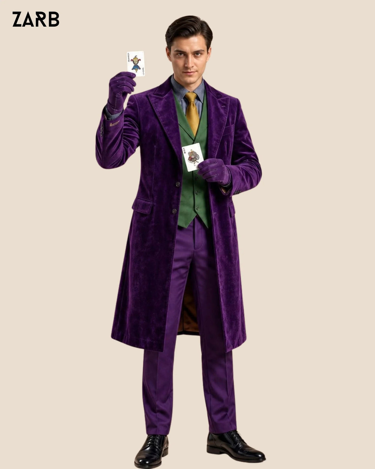 Men’s Joker Inspired Purple Velvet Long Coat with Green Vest & Trousers | Halloween Costume | Bespoke Tailored ZARB Officials