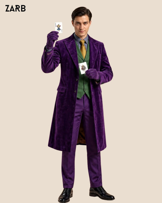 Men’s Joker Inspired Purple Velvet Long Coat with Green Vest & Trousers | Halloween Costume | Bespoke Tailored ZARB Officials