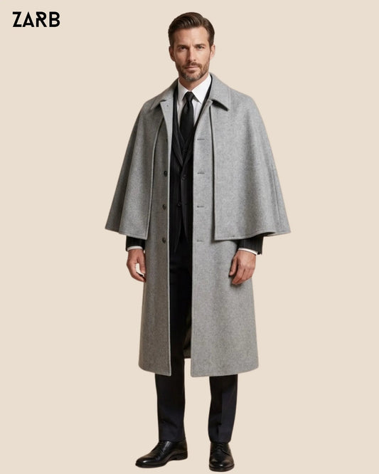 Men’s Light Grey Wool Sleeveless Inverness Cape Coat | Victorian Gentleman Overcoat | Bespoke Tailored ZARB Officials