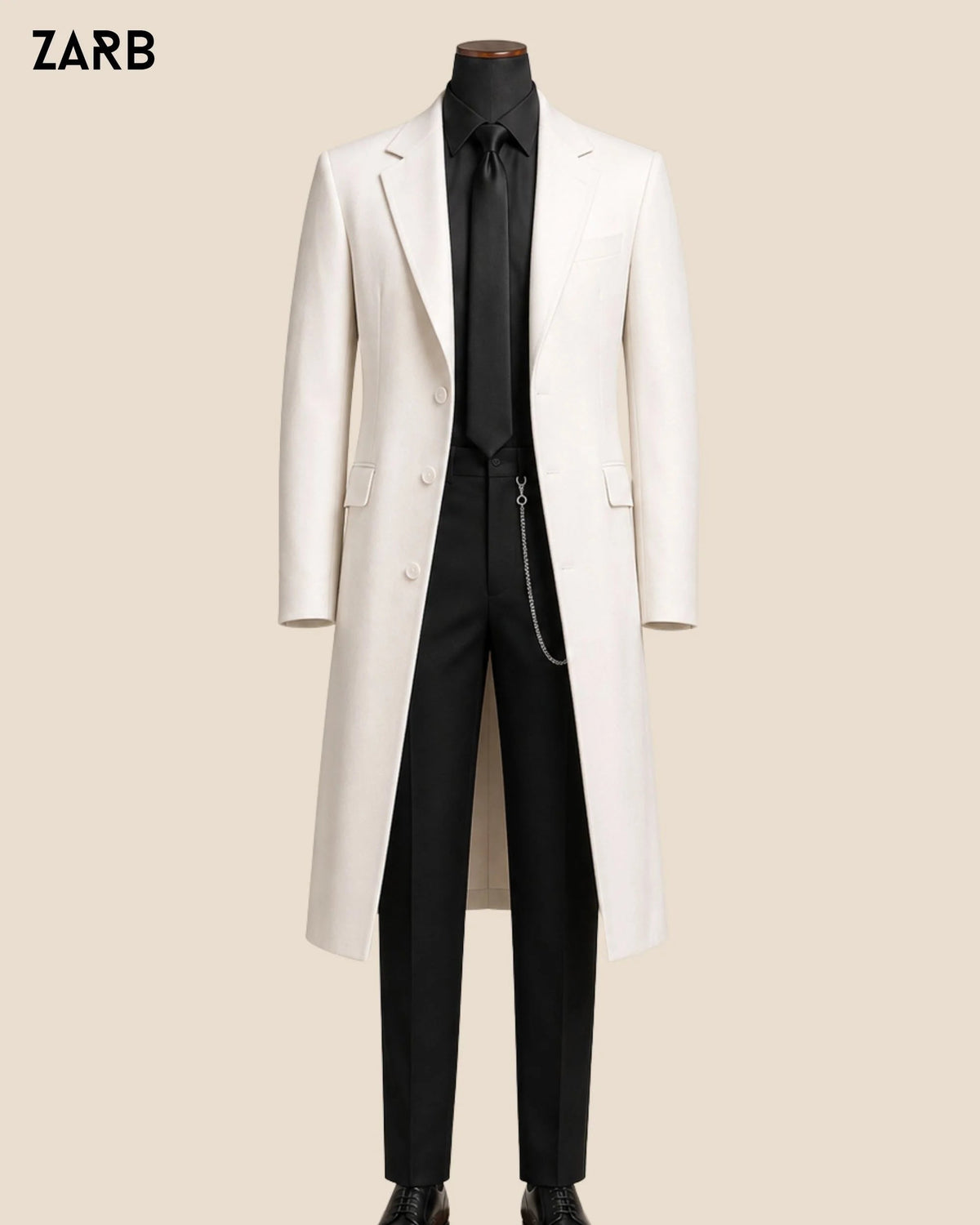 Men’s White Tailcoat Style Wedding Coat with Black Shirt & Trousers | Bespoke Tailored ZARB Officials