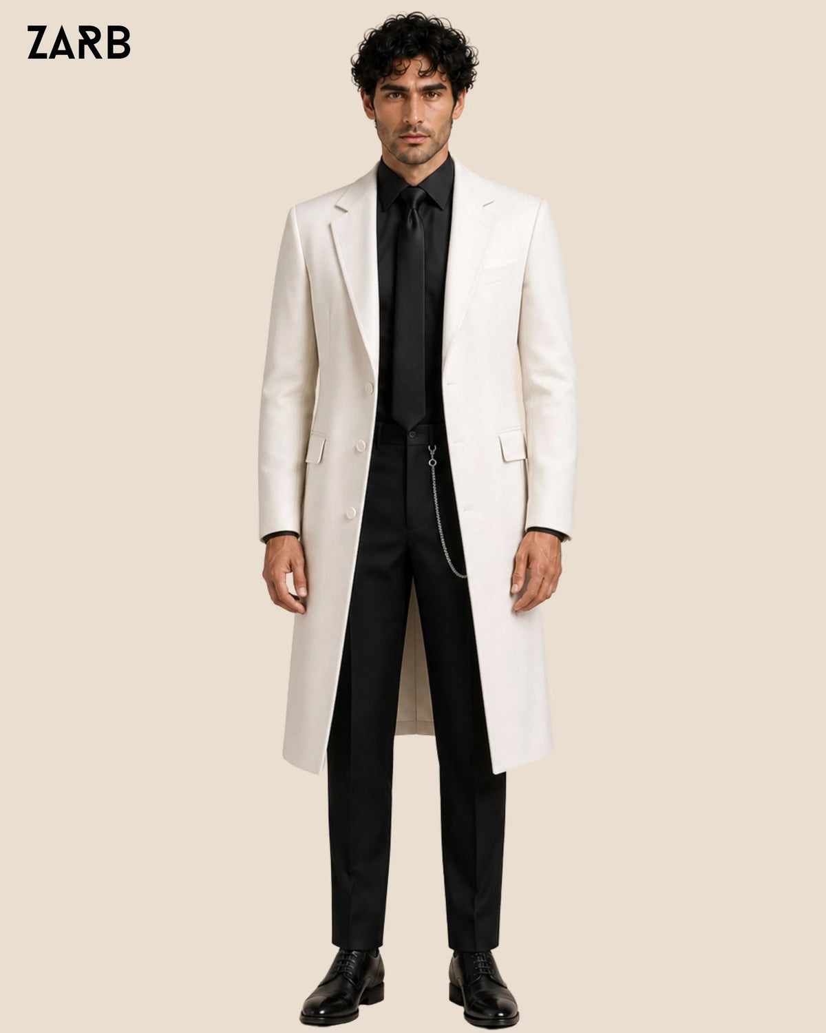 Men’s White Tailcoat Style Wedding Coat with Black Shirt & Trousers | Bespoke Tailored ZARB Officials