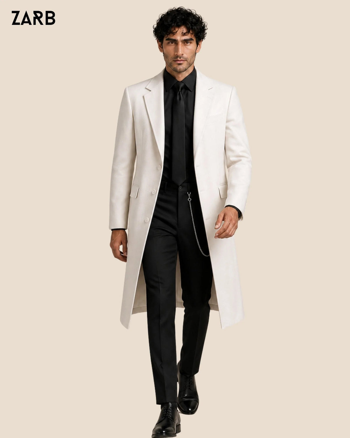 Men’s White Tailcoat Style Wedding Coat with Black Shirt & Trousers | Bespoke Tailored ZARB Officials