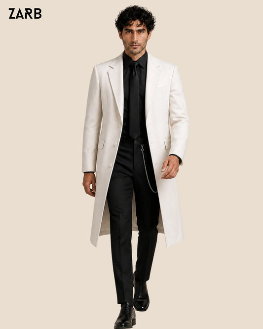 Men’s White Tailcoat Style Wedding Coat with Black Shirt & Trousers | Bespoke Tailored ZARB Officials
