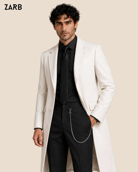 Men’s White Tailcoat Style Wedding Coat with Black Shirt & Trousers | Bespoke Tailored ZARB Officials