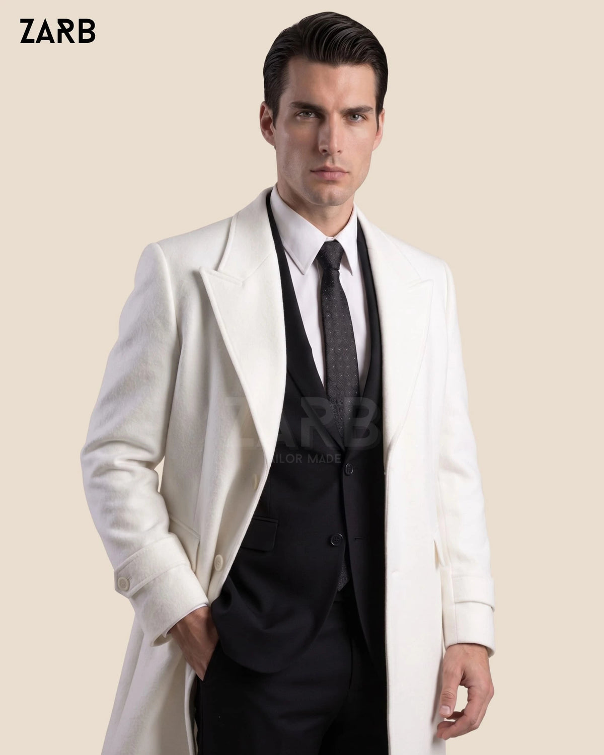 Mens White Wool Trench Coat | Long Overcoat | Custom Tailored | Bespoke Tailored ZARB Officials