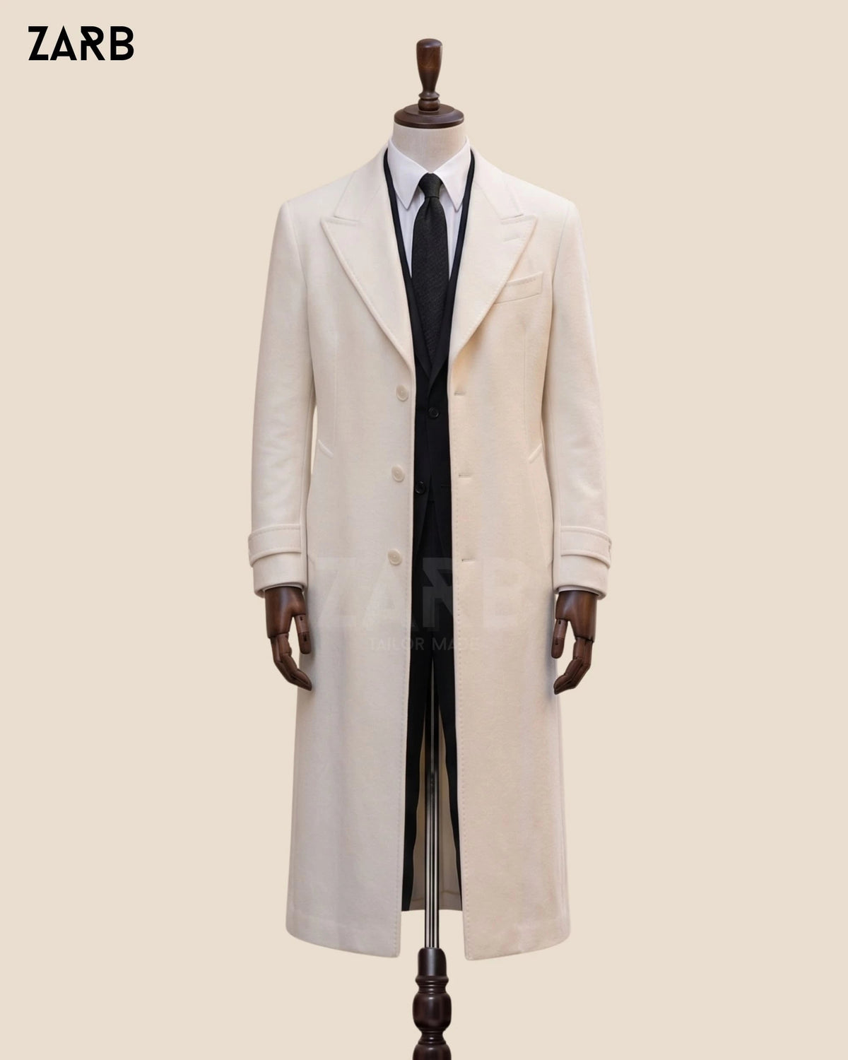 Mens White Wool Trench Coat | Long Overcoat | Custom Tailored | Bespoke Tailored ZARB Officials