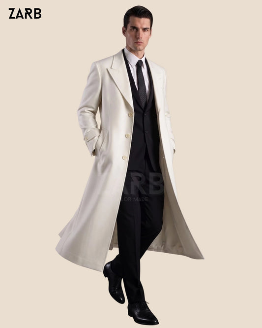Mens White Wool Trench Coat | Long Overcoat | Custom Tailored | Bespoke Tailored ZARB Officials